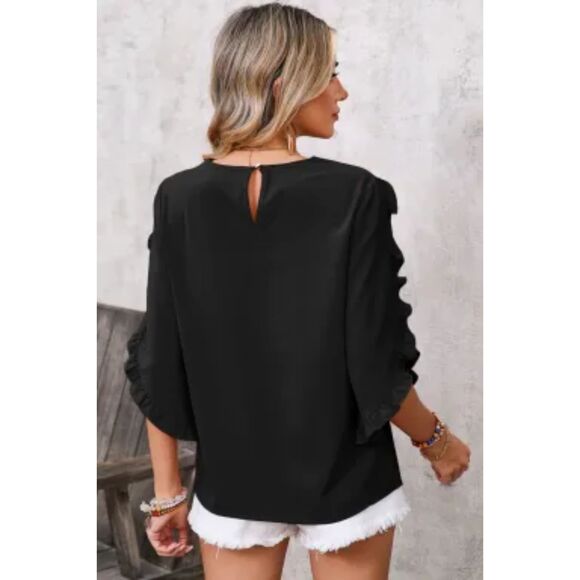 SHEWIN FIERY BLACK FRILL TRIM PLAIN TULIP SLEEVE BLOUSE - Picture 3 of 3